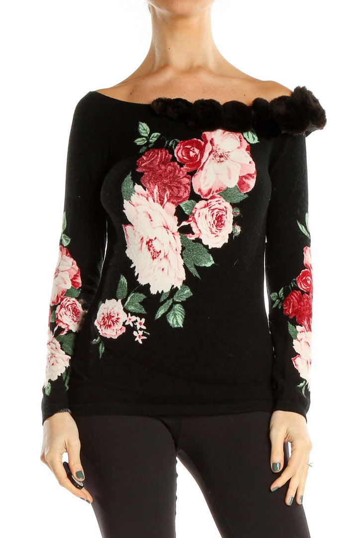 Black Floral Print Retro Funky Top