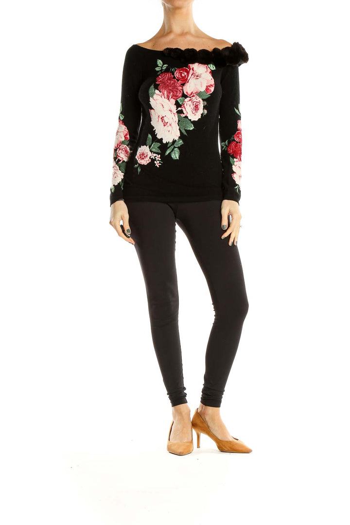 Black Floral Print Retro Funky Top