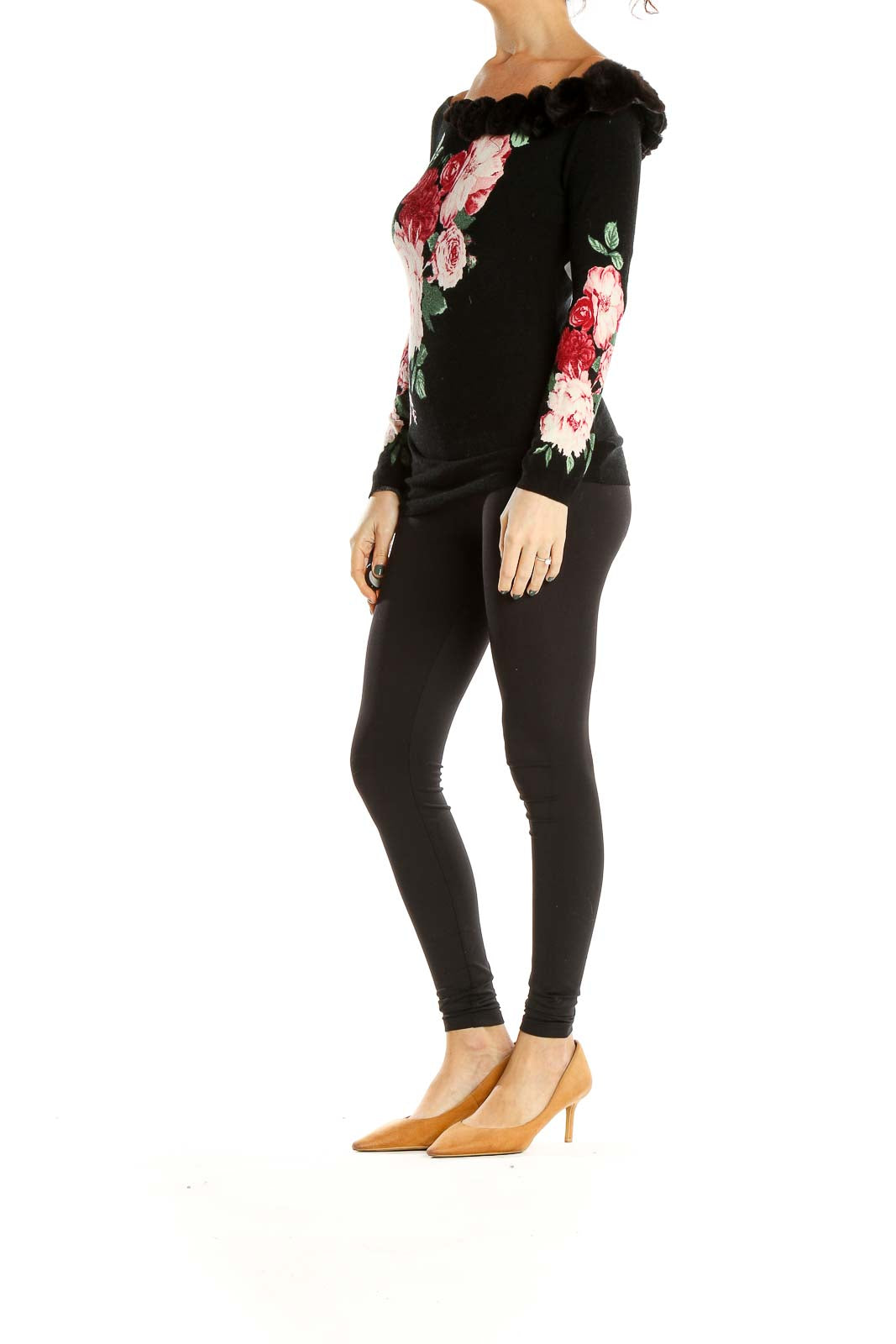 Black Floral Print Retro Funky Top