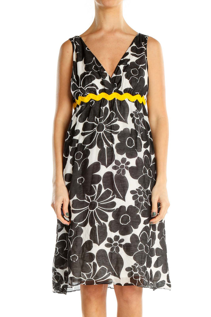 Black White Floral Print Retro A-Line Dress With Yellow Stitch Waist