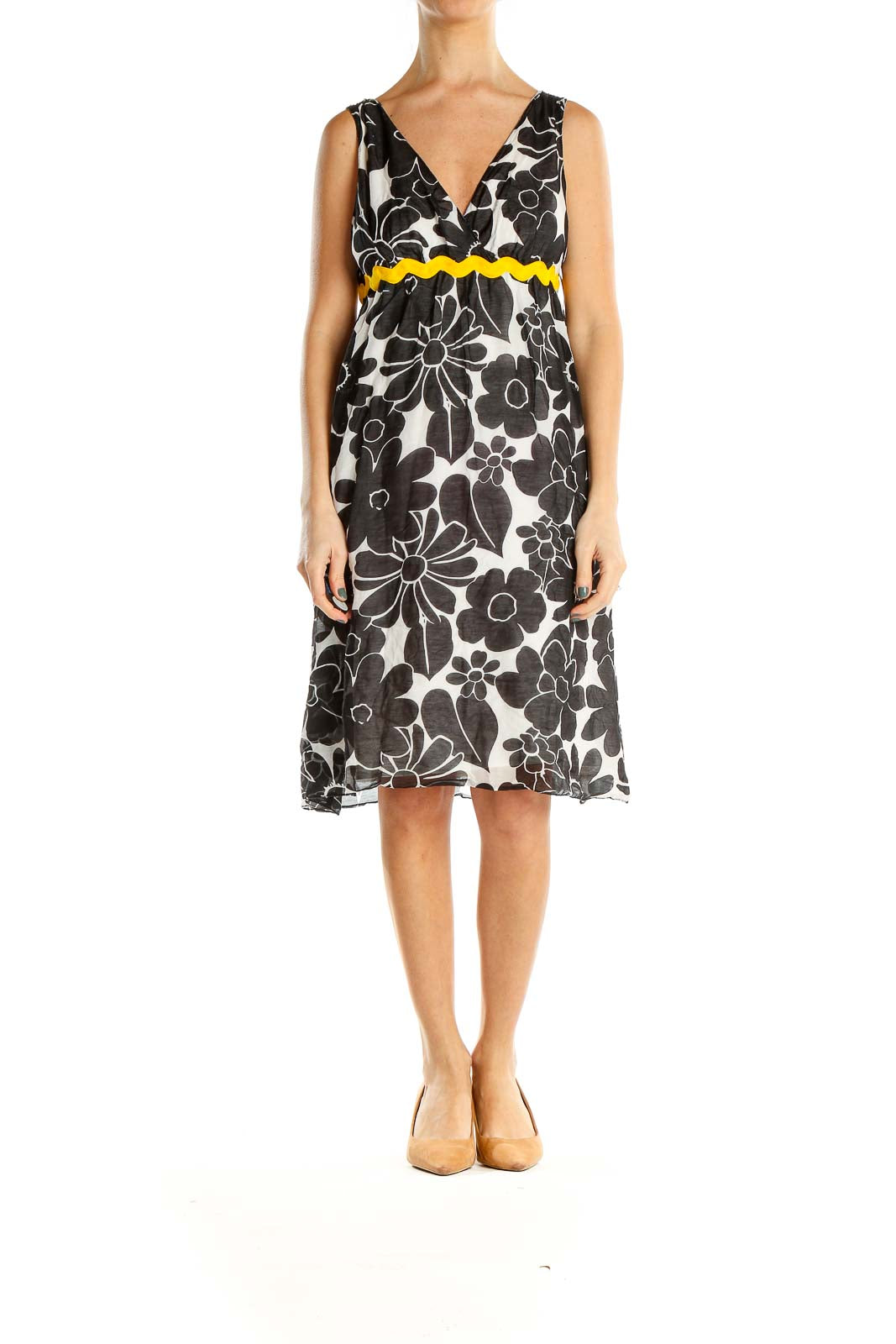 Black White Floral Print Retro A-Line Dress With Yellow Stitch Waist