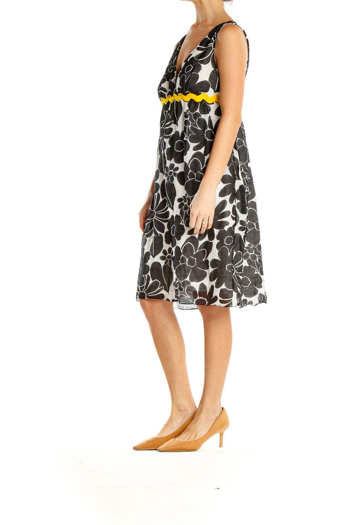 Black White Floral Print Retro A-Line Dress With Yellow Stitch Waist