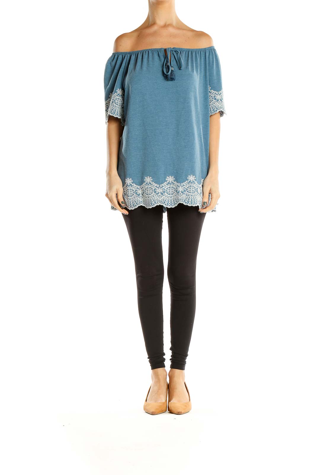 Blue Off The Shoulder Holiday Top With Embroidered Trim