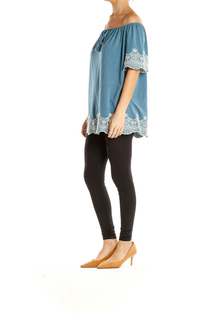 Blue Off The Shoulder Holiday Top With Embroidered Trim