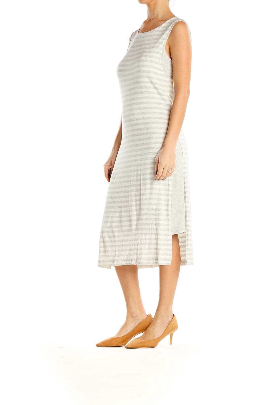 Gray Striped Casual Midi Dress