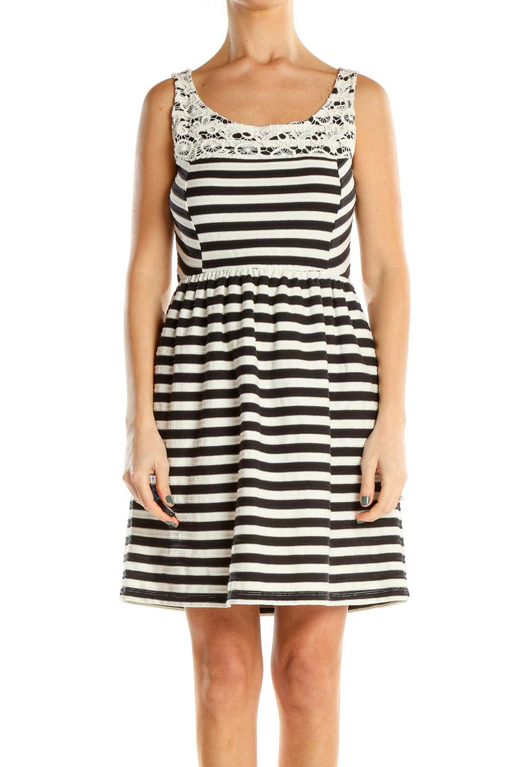 Black White Striped Fit & Flare Dress With Lace Neckline