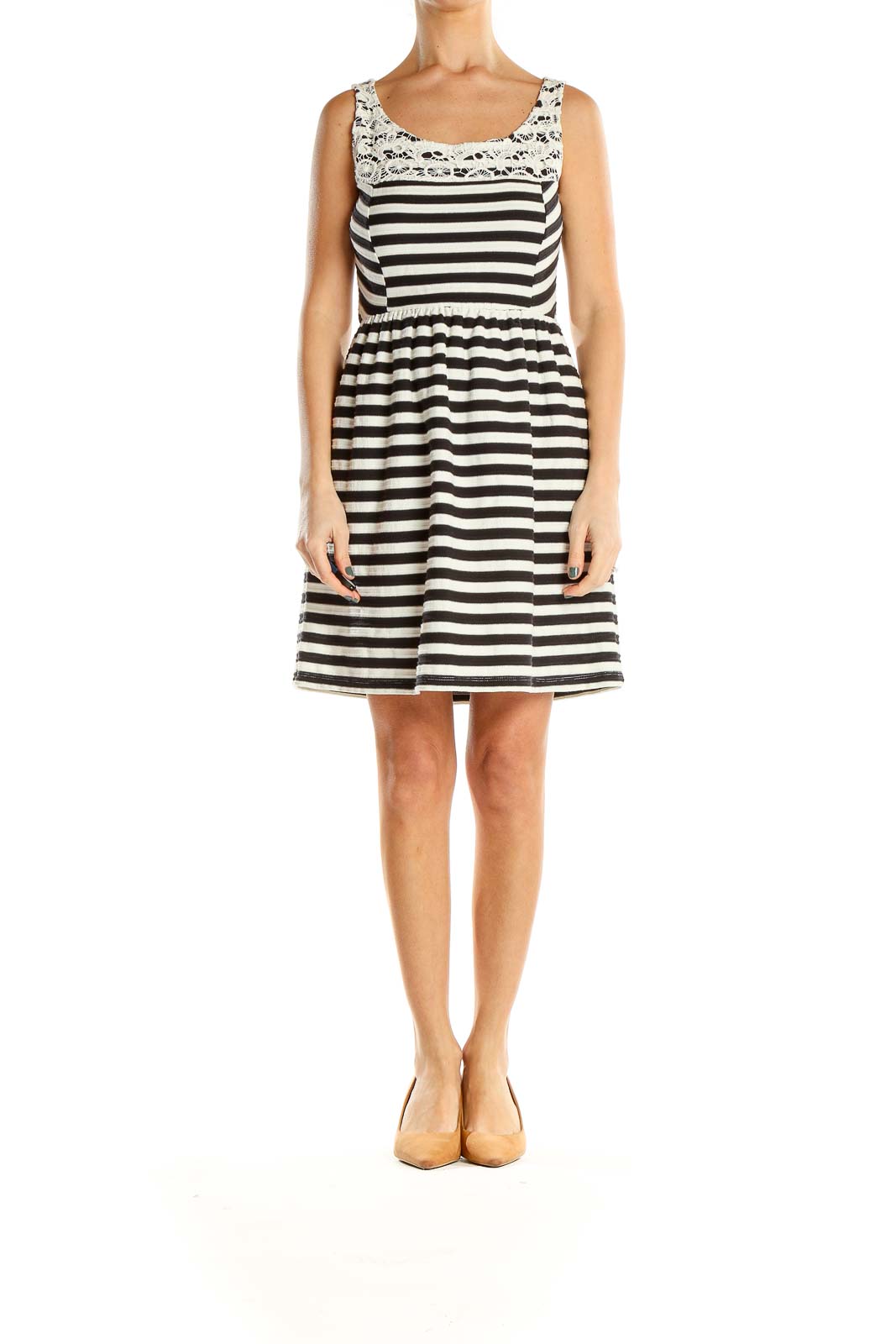 Black White Striped Fit & Flare Dress With Lace Neckline