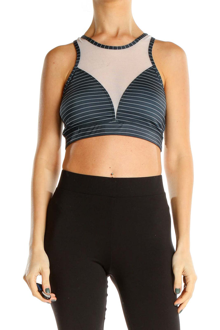 Blue Striped Mesh Panel Sports Bra