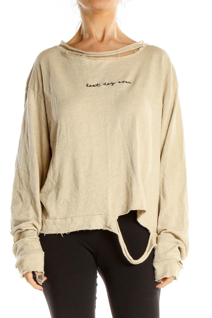 Beige Graphic Print Distressed Top