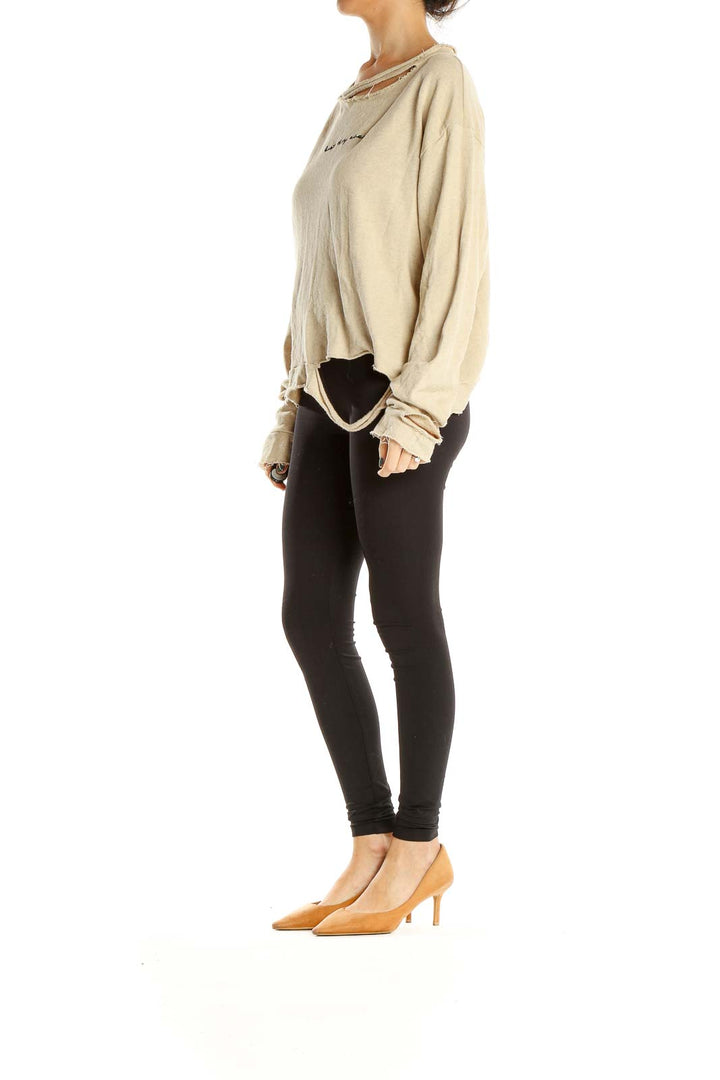 Beige Graphic Print Distressed Top