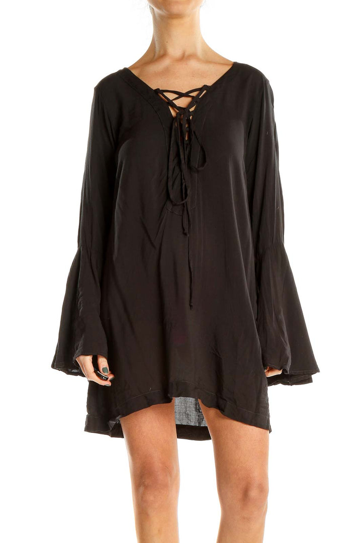 Black Lace Up Neckline Mini Dress