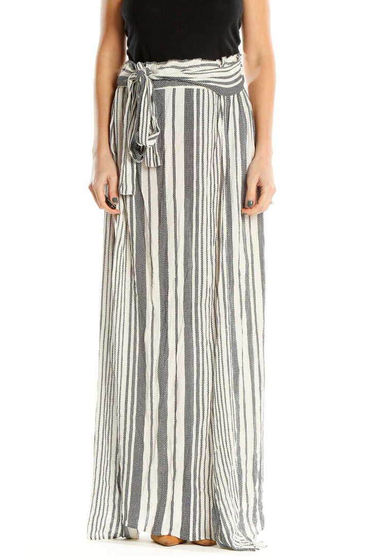 Gray Striped Waist Tie Bohemian Maxi Skirt