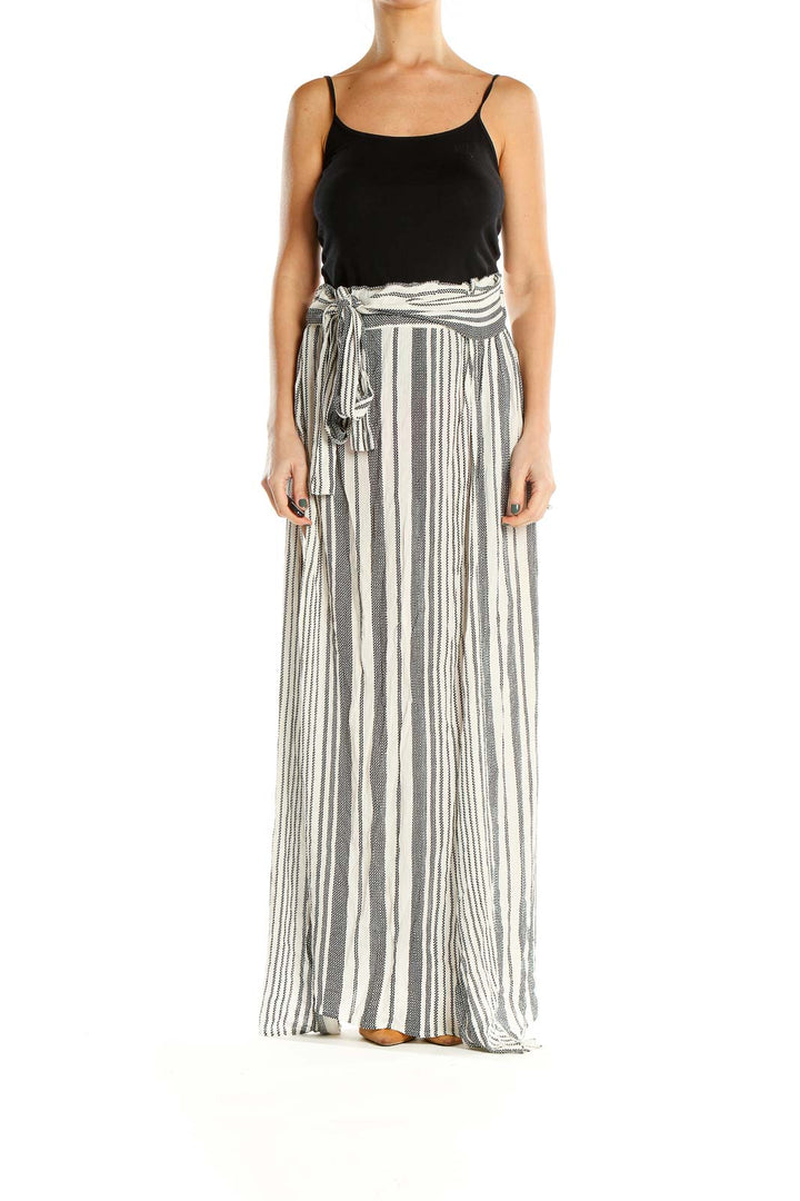 Gray Striped Waist Tie Bohemian Maxi Skirt