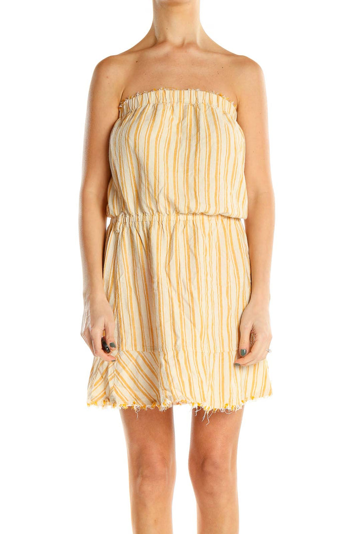 Yellow Striped Casual Strapless Dress