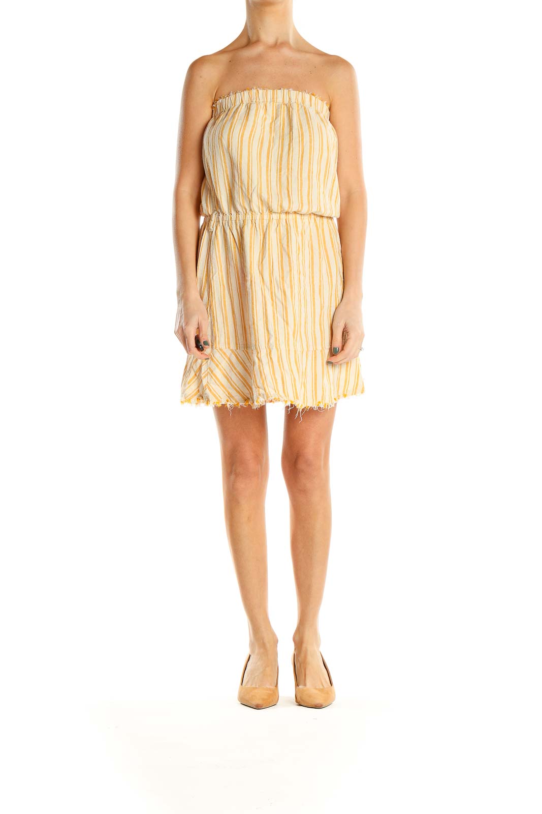 Yellow Striped Casual Strapless Dress