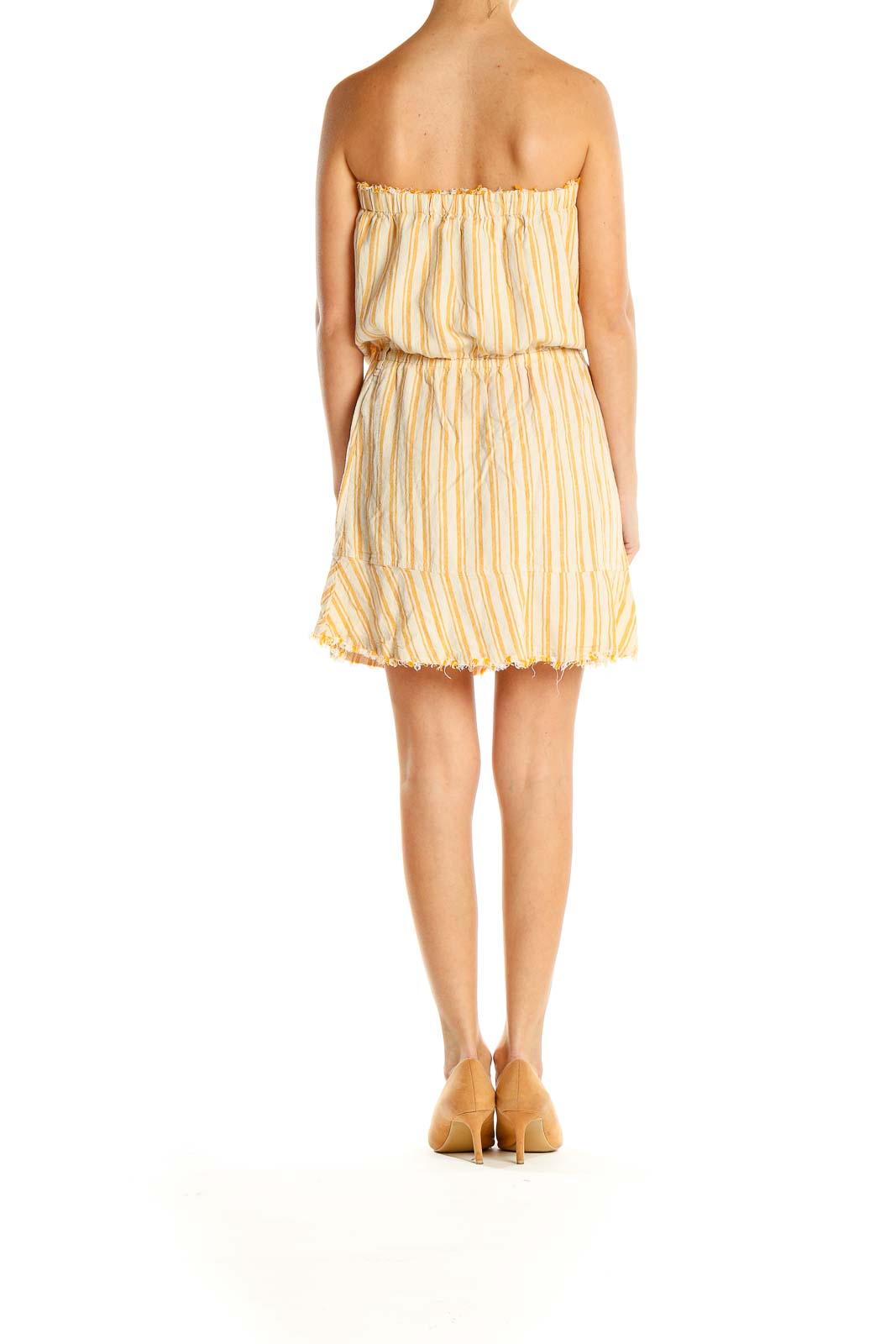 Yellow Striped Casual Strapless Dress