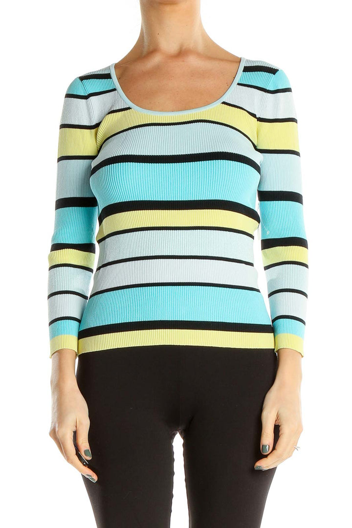 Blue Yellow Striped Ribbed Casual Long Sleeve T-Shirt