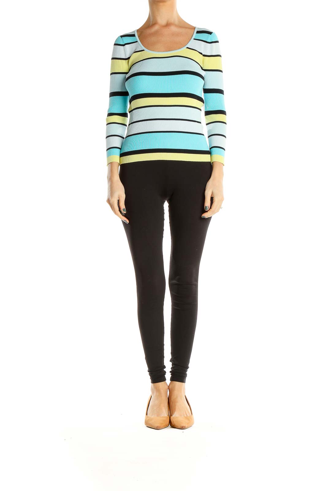 Blue Yellow Striped Ribbed Casual Long Sleeve T-Shirt