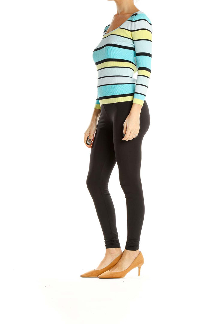 Blue Yellow Striped Ribbed Casual Long Sleeve T-Shirt