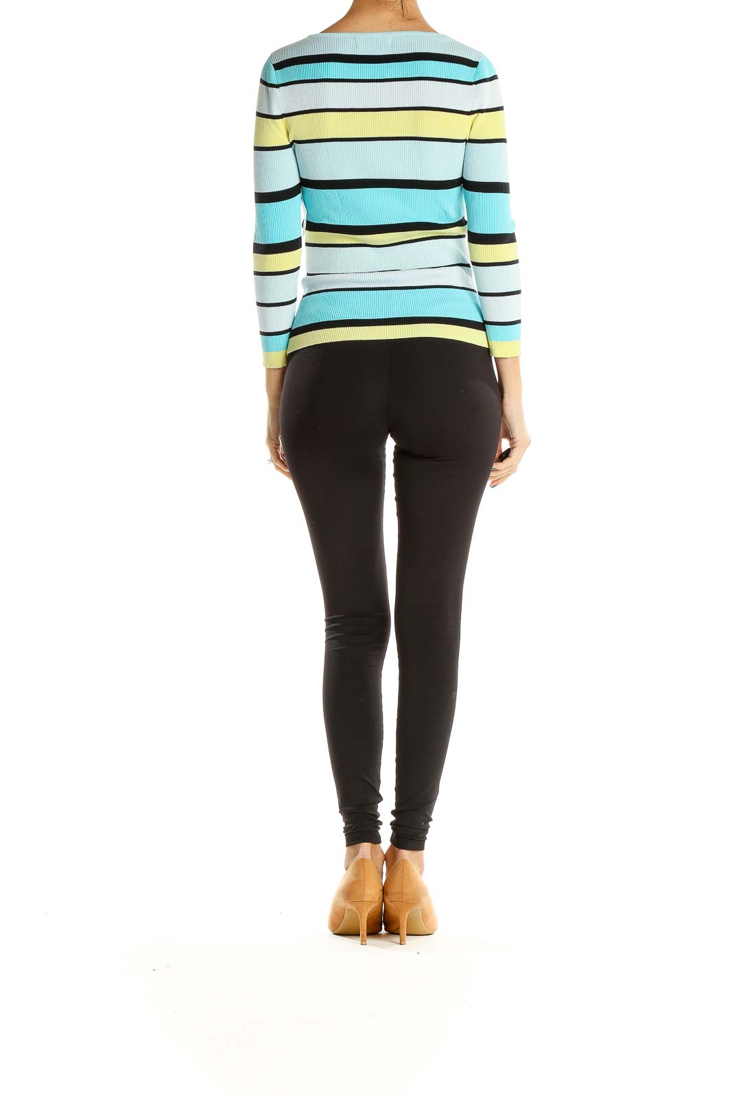 Blue Yellow Striped Ribbed Casual Long Sleeve T-Shirt