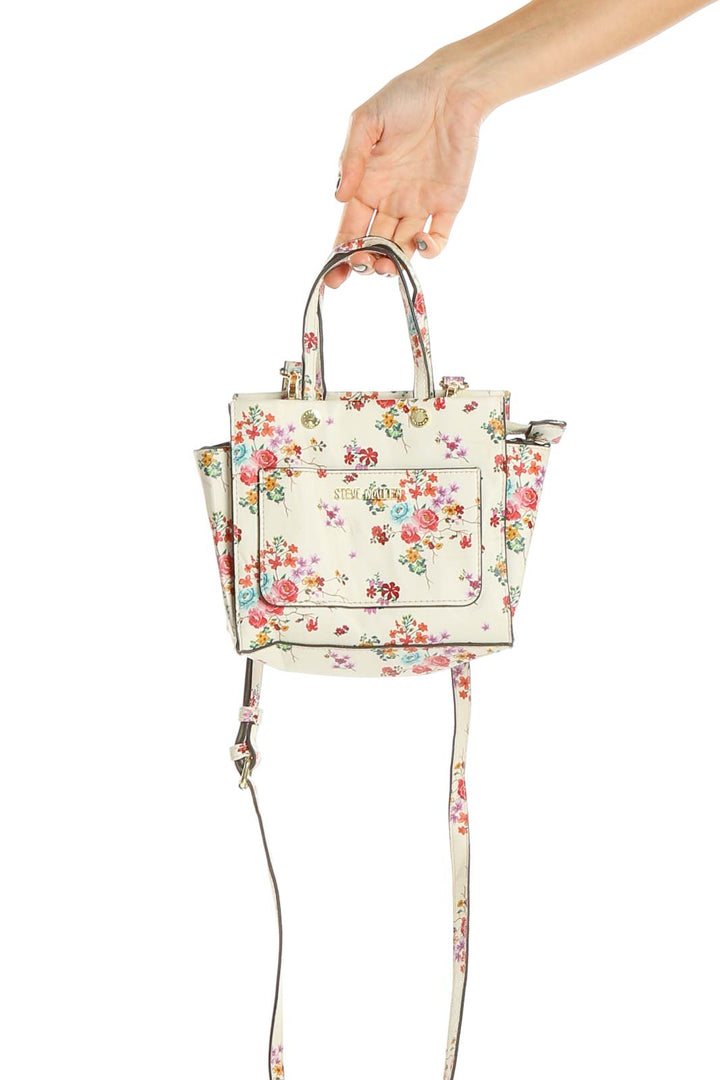 Beige Floral Print Trapeze Bag