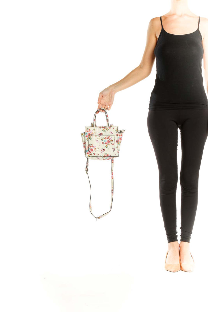 Beige Floral Print Trapeze Bag