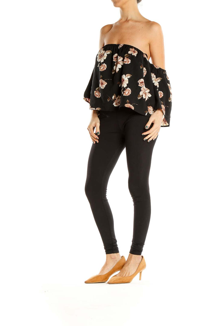 Black Floral Print Off The Shoulder Holiday Top