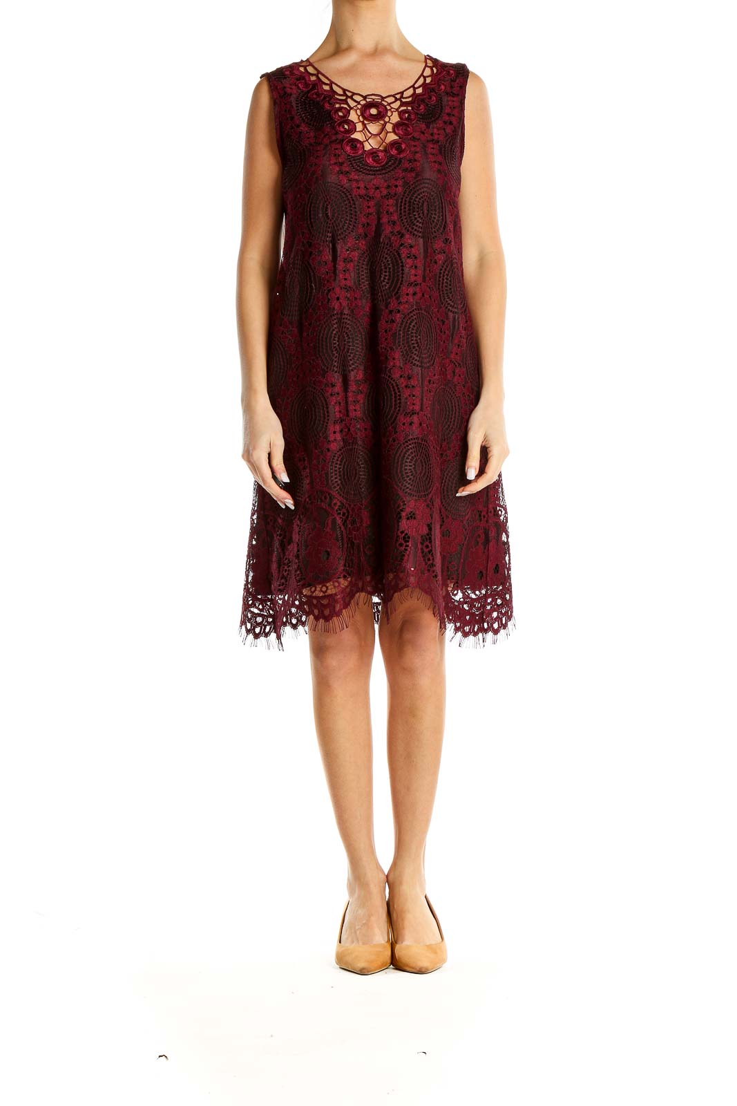 Red Printed Crochet Bohemian Sheath Dress