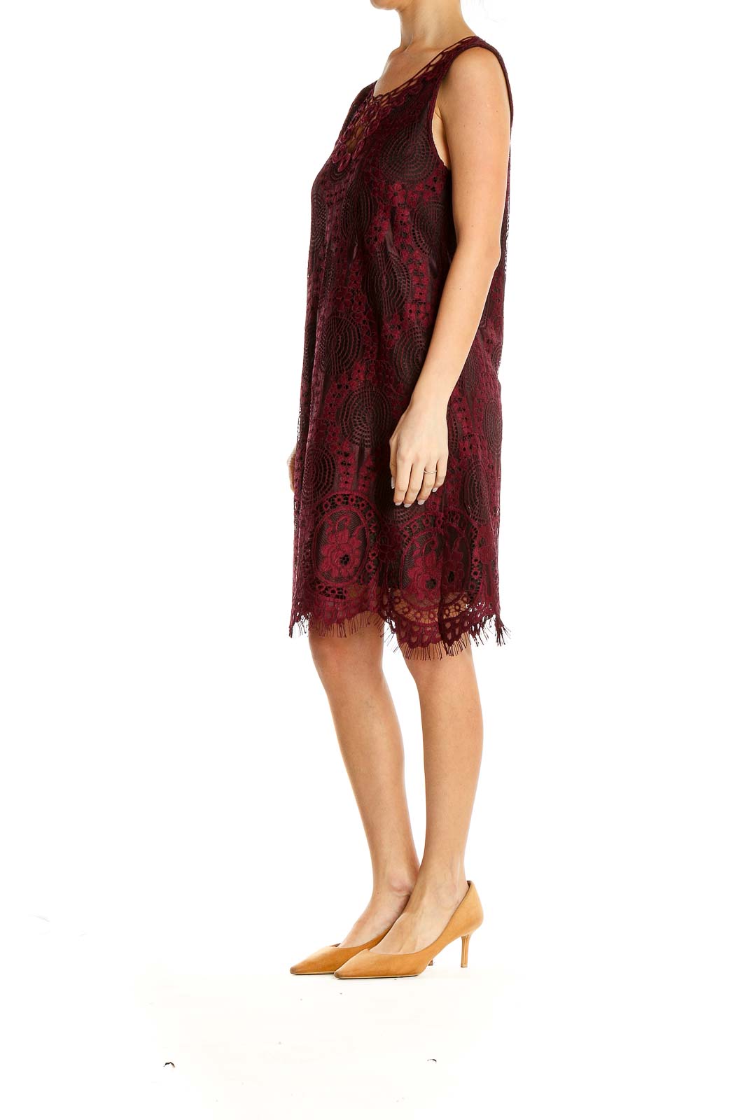 Red Printed Crochet Bohemian Sheath Dress