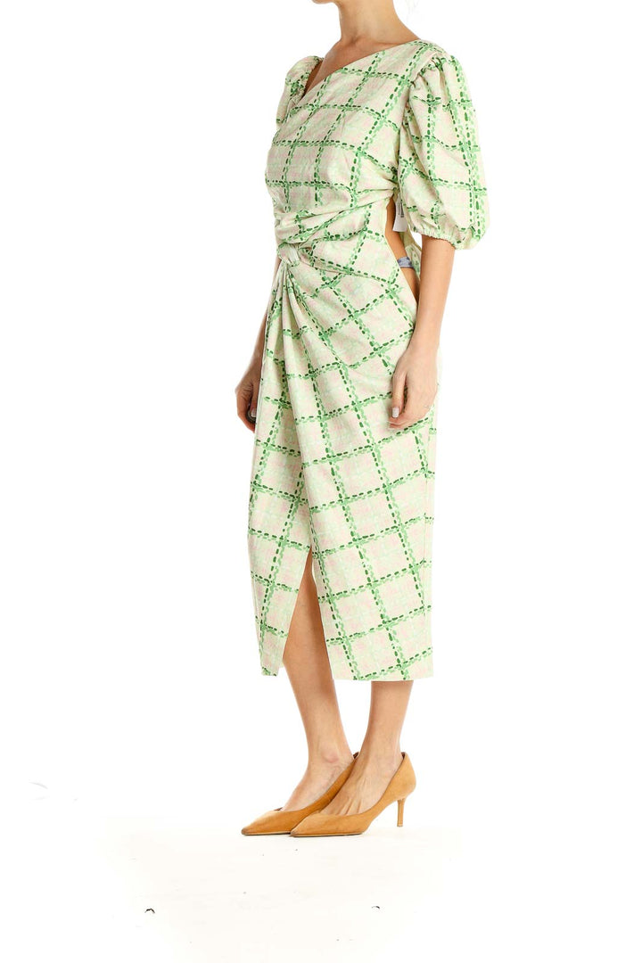 Green Checkered Asymmetrical Drape Midi Dress