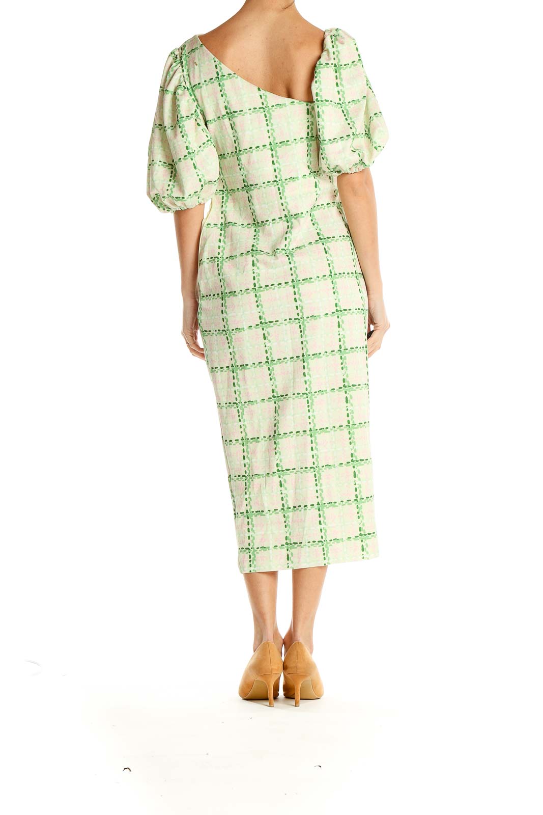 Green Checkered Asymmetrical Drape Midi Dress