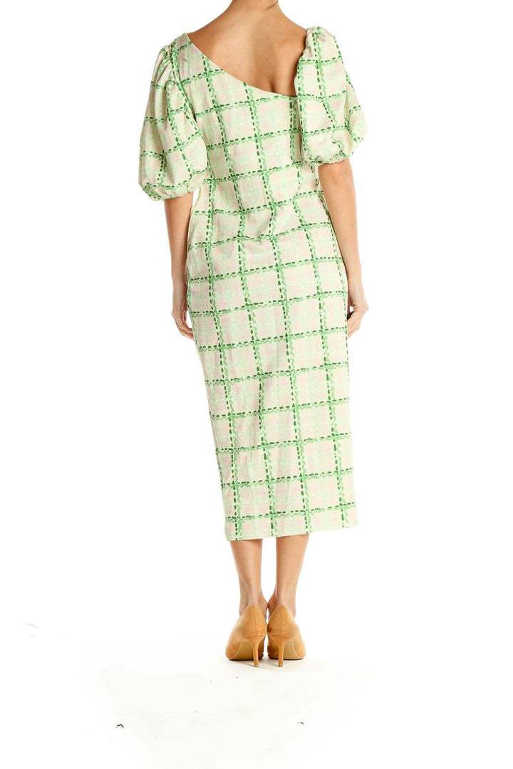 Green Checkered Asymmetrical Drape Midi Dress