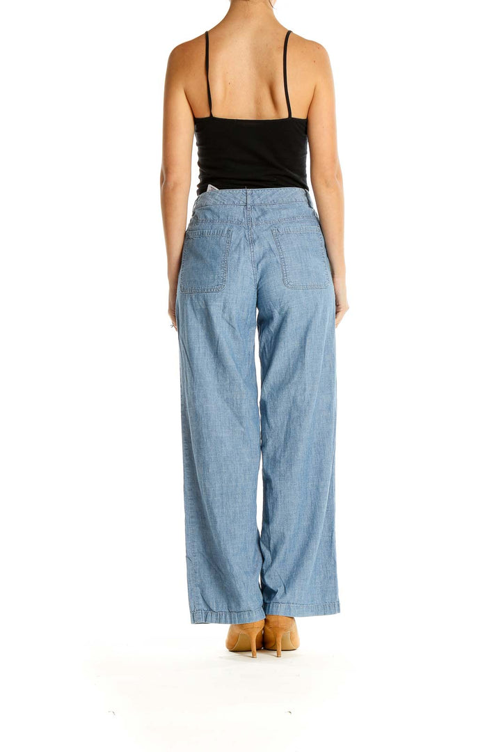 Blue Cotton Casual Wide-Leg Pants