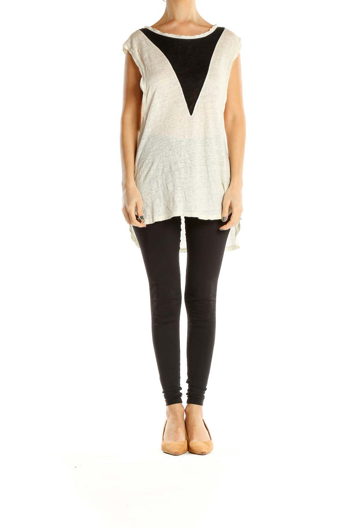 Beige Tank Top With Black Neckline Panel