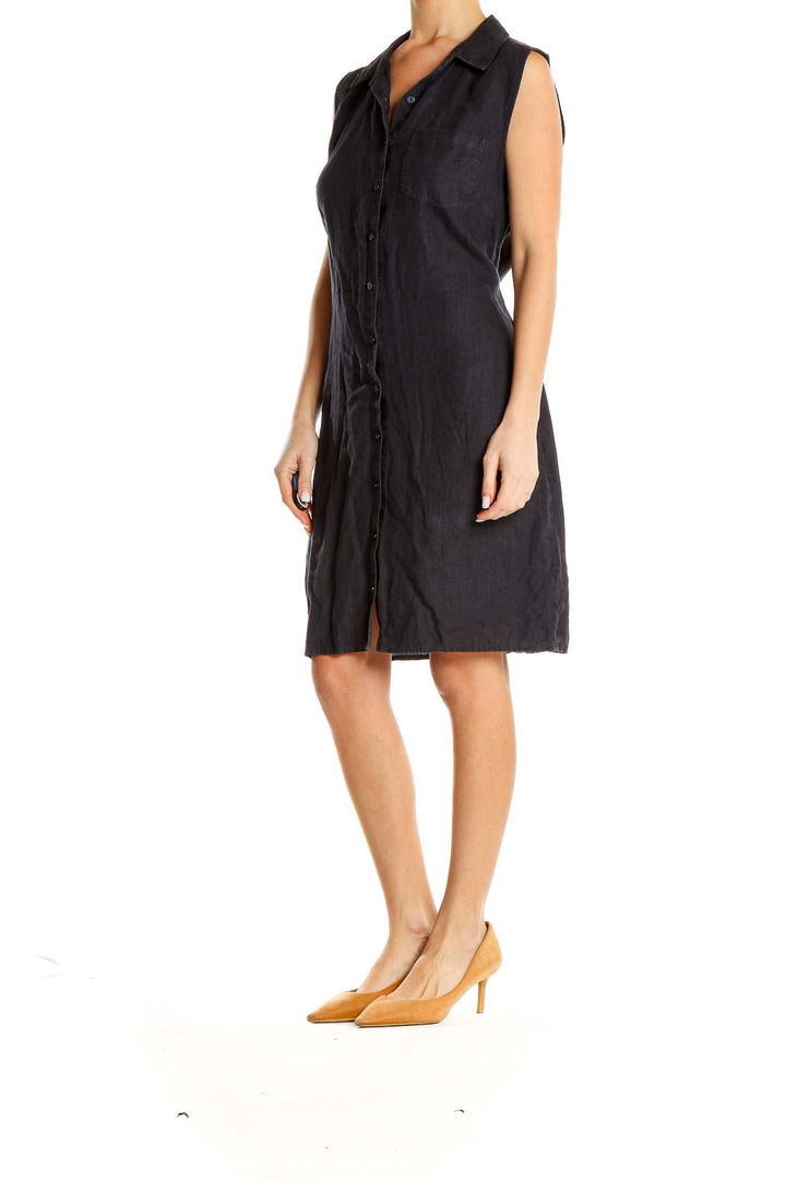 Black Button Up Collared Linen Shirt Dress