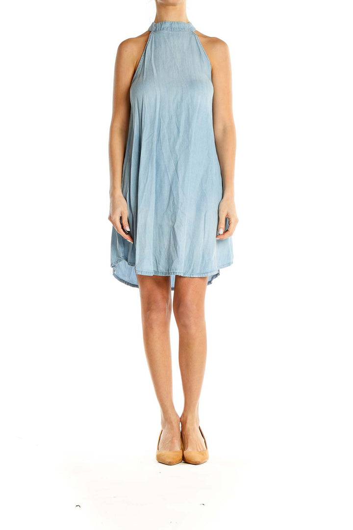 Blue High-Neck Chambray Shift Dress