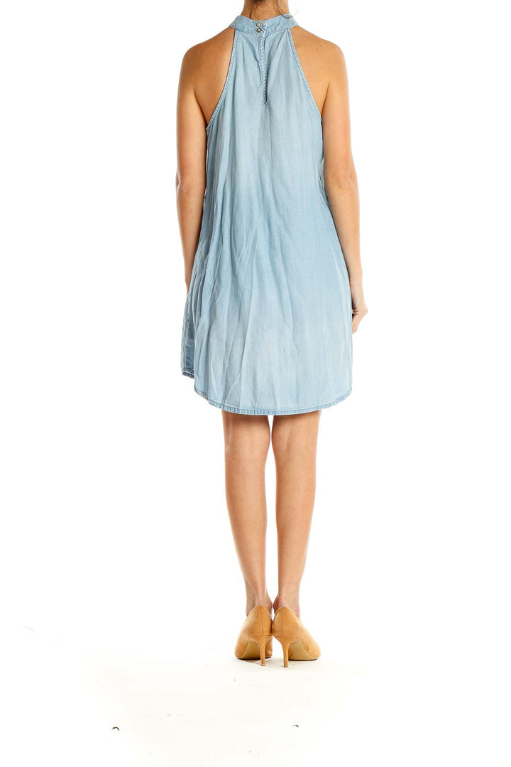 Blue High-Neck Chambray Shift Dress