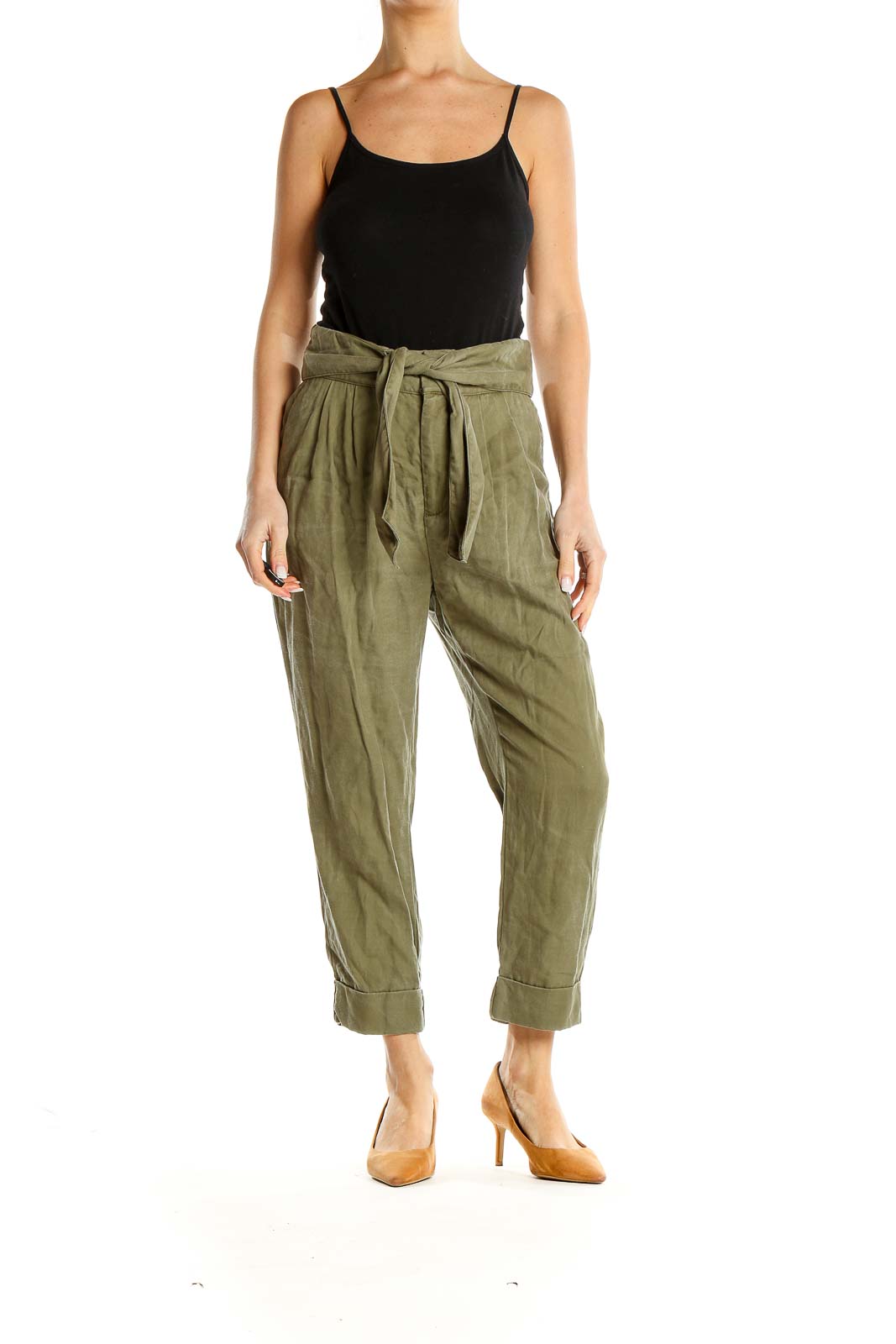 Green Cropped Tie Waist Pants