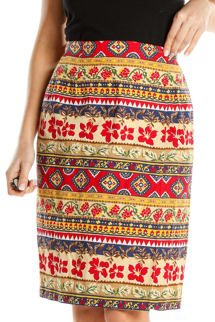 Red Printed Bohemian Vintage Straight Skirt