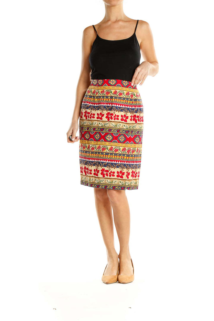 Red Printed Bohemian Vintage Straight Skirt