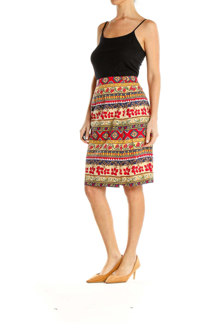 Red Printed Bohemian Vintage Straight Skirt