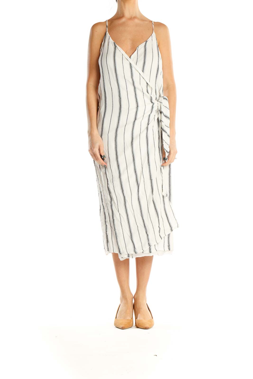 White Gray Striped Wrap Dress