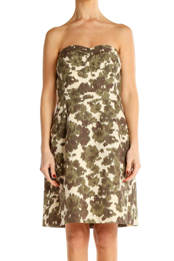 Front view of J.Crew strapless dress in green camouflage print