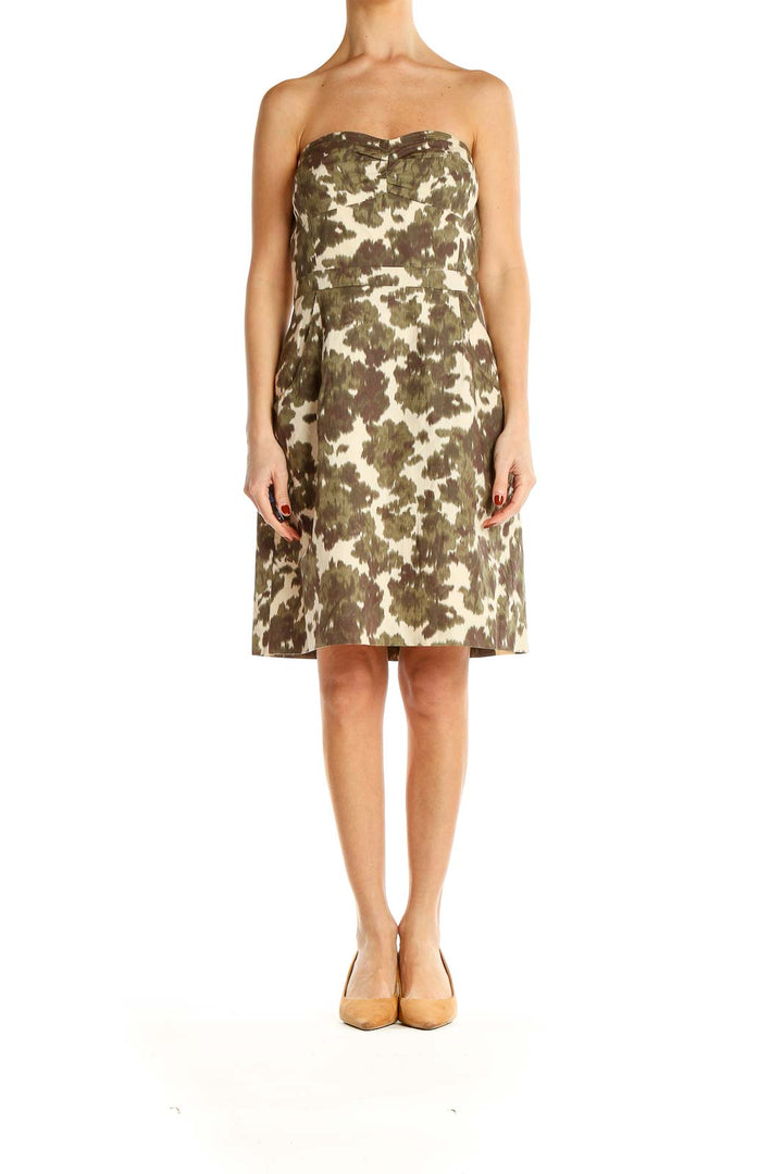 Front view of J.Crew strapless dress in green camouflage print