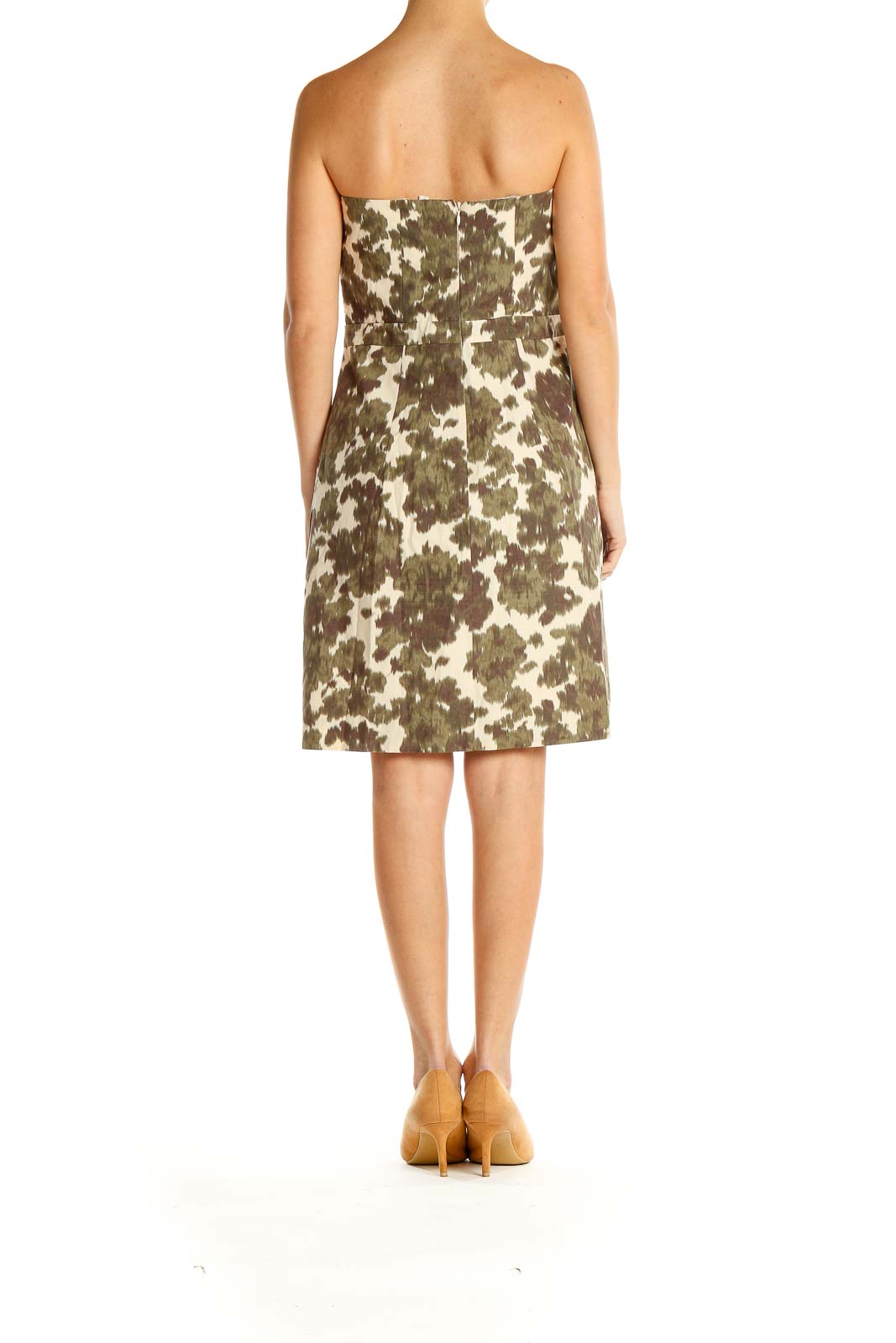 Side view of J.Crew strapless dress showing camouflage pattern and fit