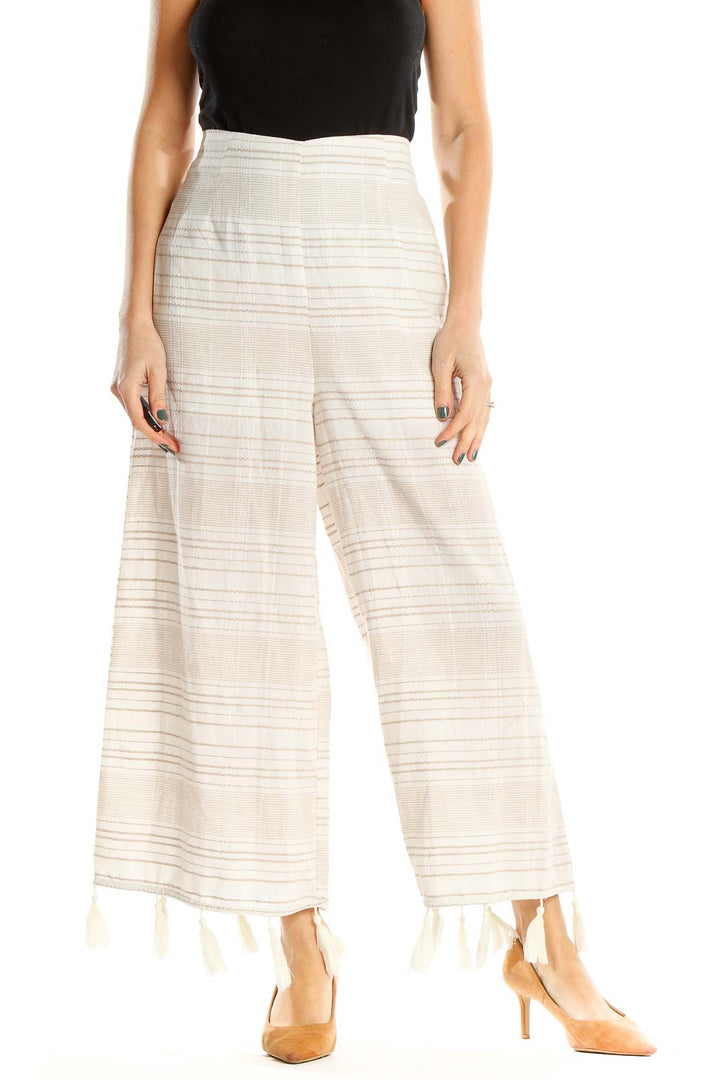 White Striped Casual Culottes Pants With Tassel Fringe