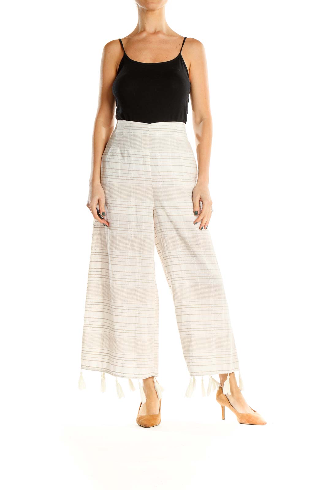 White Striped Casual Culottes Pants With Tassel Fringe