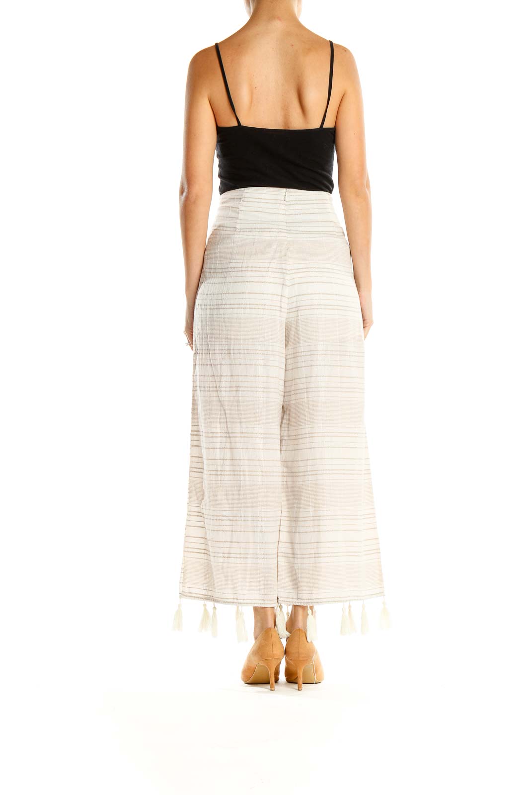 White Striped Casual Culottes Pants With Tassel Fringe