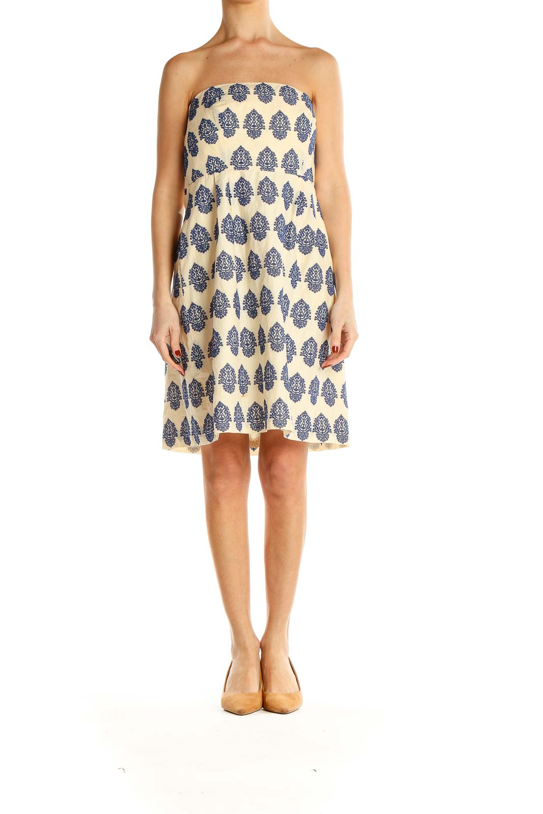 Front view of J.Crew cream strapless dress with navy paisley print