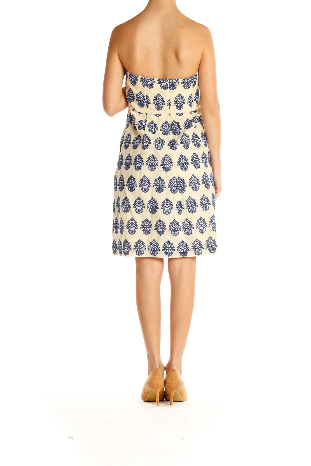 Back view of J.Crew cream strapless dress with navy paisley print